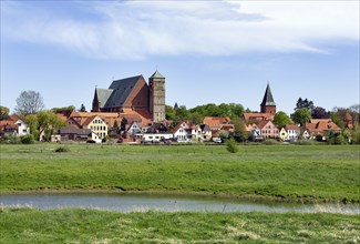 View over the river Aller to the old town Verden with cathedral and church St. Andreas