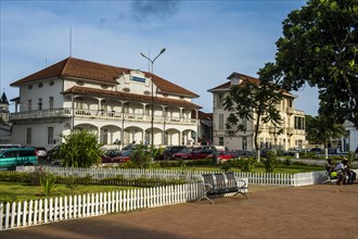 Colonial buildings on independence square in the city of Sao Tome