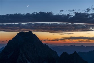 Blue hour over Allgaeu and Lechtal mountains in the foreground summit of the Widderstein