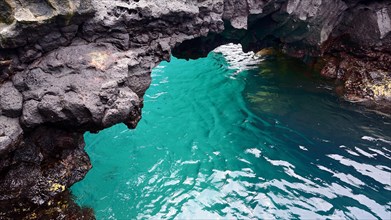 Lava rock bridge over turquoise sea water