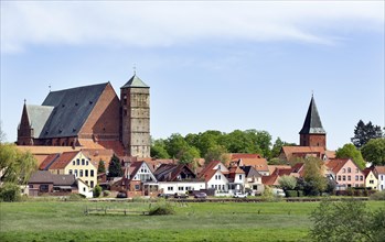 View over the river Aller to the old town Verden with cathedral and church St. Andreas