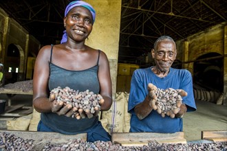 Couple holding cocoa beans in their hands