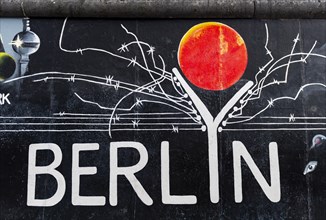 Mural Berlyn with lettering Berlin and symbolic wall with barbed wire