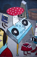 Mural toadstool as DJ at the mixing desk