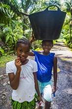 Children with buckets on their head walking through the jungle of the south coast of Sao Tome