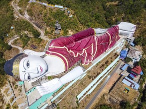 Aerial of a giant reclining buddha in Win Sein Taw Ya outside Mawlamyine
