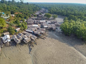 Aerial of Fishing village on stilts in the mangroves of the Mergui or Myeik Archipelago