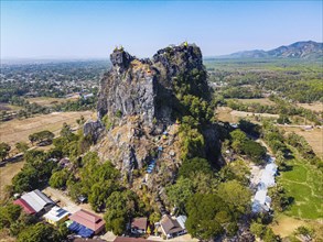 Aerial of Kyauktalon Taung crag with a hindu temple
