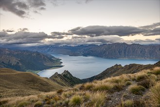 View of Lake Hawea with cloudy sky