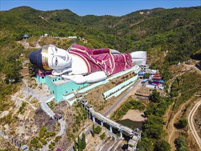 Aerial of a giant reclining buddha in Win Sein Taw Ya outside Mawlamyine