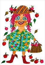 Girl with apples and apple basket