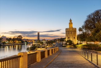 Boardwalk at the river Rio Guadalquivir with illuminated Torre del Oro