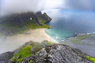 View from Helvetestinden to the beach of Bunes