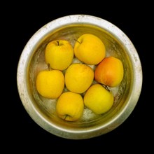 Apples in fruit bowl on black background