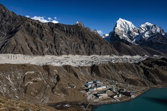 View from Renjo La Pass 5417 m to the east on Himalaya with Gokyo Lake and Gokyo