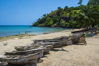 Wooden fishing boats in the fishing village Morro Peixe in northern Sao Tome