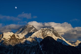 View in the evening light from Renjo La Pass 5417m to the east on Himalaya with Mount Everest