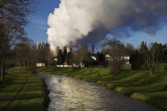 The river Inde with the Weisweiler lignite-fired power plant
