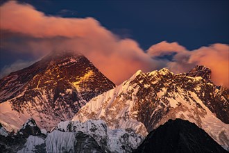 View in the evening light from Renjo La Pass 5417 m to the east on Himalaya with Mount Everest