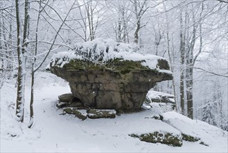 Rock formation Teufelstisch in winter with snow