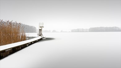 Schumellensee with diving tower in the water near Boitzenburg