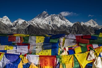 View from Renjo La Pass 5417 m with Buddhist prayer flags to the east on Himalaya with Mount Everest