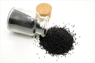 Nigella seeds spilling out of a 150ml glass spice jar against a white background