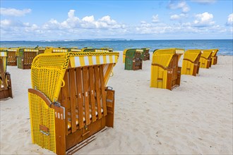 Closed beach chairs at the beach of the seaside resort Binz