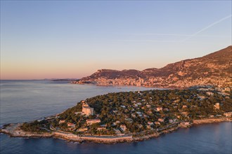 Aerial view Roquebrune Cap Martin shortly after sunrise