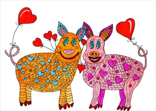 Two pigs with hearts