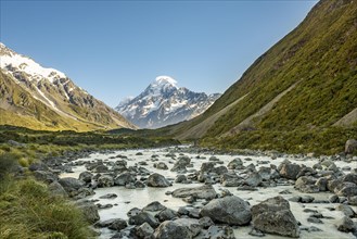 Hooker River in Hooker Valley with view of snow-capped Mount Cook