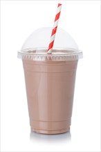 Chocolate milk chocolate shake milkshake in plastic cup straw cropped cropped isolated against a white background