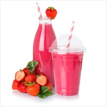Smoothie fruit juice drink juice strawberry strawberries in plastic cup and bottle