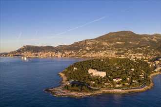 Aerial view Roquebrune Cap Martin shortly after sunrise