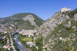 Aerial view of the mountain village Entreveaux with citadel in the Var Valley