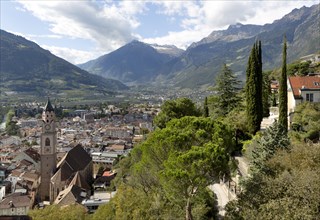 View of the old town of Merano with the parish church of St. Nicholas