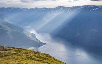 View from the top of the mountain Prest to Aurlandsvangen and fjord Aurlandsfjord