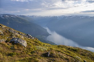 View from the top of the mountain Prest to the village Aurlandsvangen and the fjord Aurlandsfjord