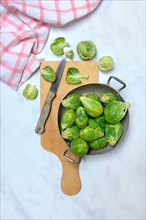 Brussels sprouts in shell with kitchen knife