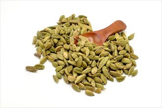 A pile of cardamom pods with a wooden spoon against a white background