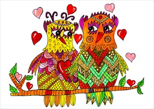 Two owls with hearts