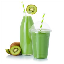 Green smoothie fruit juice drink juice kiwi in plastic cup and bottle