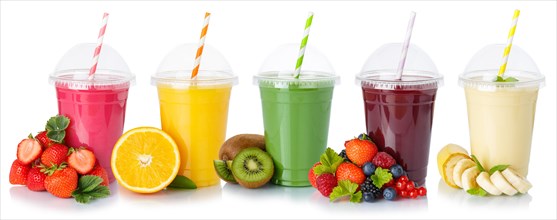 Various juices fruit juice smoothies smoothie drink juice in plastic cup cutout isolated against a white background