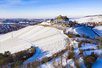 Aerial view grave chapel on the Wuerttemberg in winter