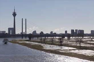 City panorama with flooded Rhine meadows