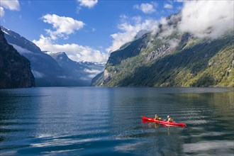 Red kayak in Geirangerfjord