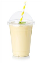 Banana smoothie drink milkshake milkshake in plastic cup