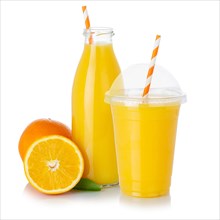 Orange juice smoothie fruit juice drink juice orange in plastic cup and glass bottle isolated against a white background