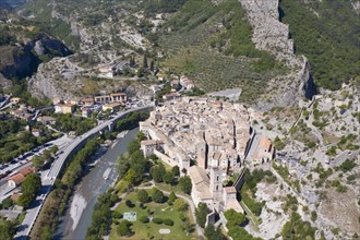 Aerial view of the mountain village Entreveaux with citadel in the Var Valley