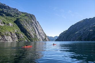 Kayaks on the fjord Trollfjord at Raftsund